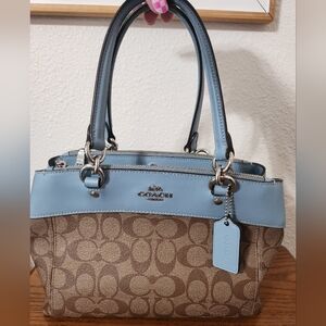 Coach Monogram Brown/ Light Blue Top Handle. In Excellent Condition Outside